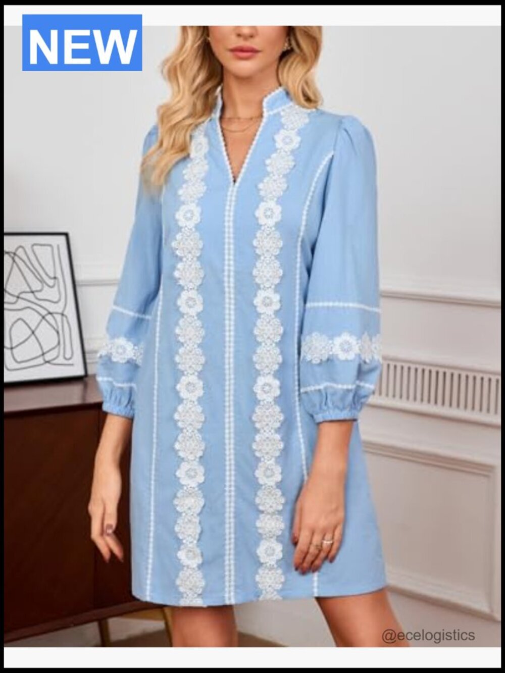Embroidered Lace Floral Tunic Dress V-Neck 3/4 Puff Sleeve Mini Dress with - Picture 4 of 7